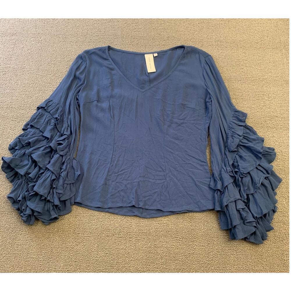 Guest Editor Women's XS Blouse Top Blue Tiered Frill Sleeve Rayon Crepe